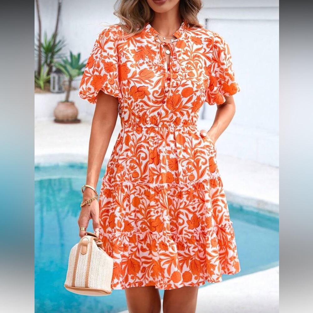 Orange and White Floral Print